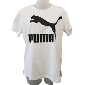 PUMA Classics Shirt Top Women's SMALL White Black Logo-Print Short Sleeve Cotton